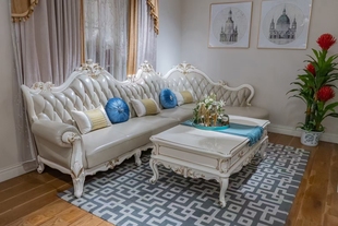 fa80欧式转角沙发，法式美式真皮沙发白色描金全实木头层皮定制沙发