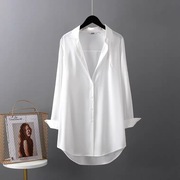 白中长款雪纺衬衫，女2024年春夏秋季性感，衬衣打底宽松长袖上衣