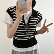 韩国chic夏季气质设计感V领条纹针织马甲宽松减龄薄款无袖上衣女