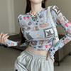 KAKA韩版夏季小猫咪印花修身显瘦弹力透视蕾丝长袖打底衫T恤女