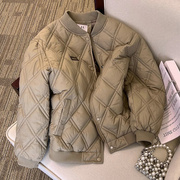 韩国菱形格羽绒棉服，女冬季加厚保暖棉袄大码宽松短款棉衣外套