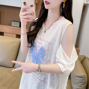 个性露肩短袖t恤女夏季韩版宽松大码女装中长款设计感小众上衣服