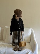 韩版女童2024春秋黑色针织开衫，儿童毛衣外套，女宝波浪纹休闲裤子潮