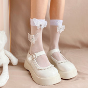 夜间教习室玻璃丝水晶袜女中筒白色，蕾丝袜子透明蝴蝶结洛丽塔短袜