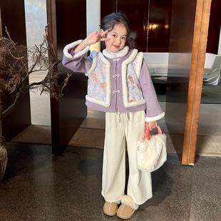 栀了成长记童装女童中国风加绒加厚外套冬装2023儿童毛呢大衣