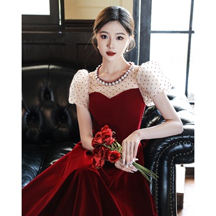 订婚礼服女2023敬酒服新娘小个子夏季平时可穿法式红色连衣裙