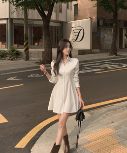 韩国东大门上班族职业装气质女神范高端白色衬衫裙收腰连衣裙