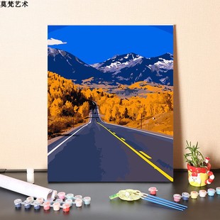 数字油画diy填充放飞自己手工填色雪山公路，风景手绘油彩丙烯画画