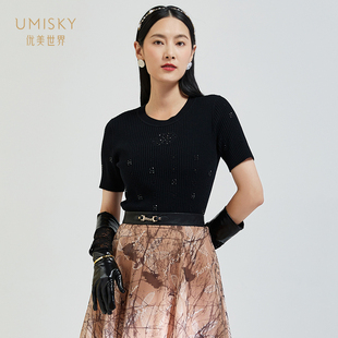  umisky优美世界秋季优雅镂空针织衫圆领修身上衣SG3W1053