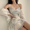 韩国chic夏季气质小清新水墨画，印花镂空露背小个子雪纺吊带连衣裙