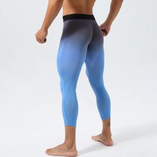 男款高弹健身深蹲裤七分裤子，渐变色跑步运动裤，7分男子训练紧身裤