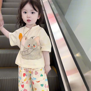 韩国童装女童短袖t恤2024夏季洋气卡通大象印花儿童上衣夏装