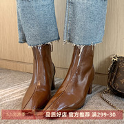 Kmeizu法式复古短靴女秋冬真皮方头粗跟拼接设计感中跟及踝裸单靴