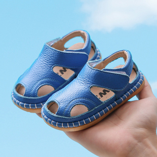 宝宝凉鞋软底0-3夏季男真皮包头学步鞋，女童2岁婴儿沙滩鞋蓝色