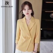 黄色中袖职业西装外套，女夏季薄款2024韩版修身西服ol气质上衣