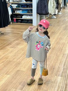 韩版童装女童可爱卡通印花条纹，t恤裙2024春女宝，幼儿园中长款t恤潮