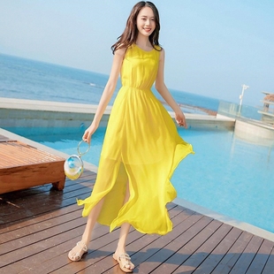 黄色连衣裙夏过膝雪纺长裙背心裙沙滩裙海边度假三亚超仙裙子