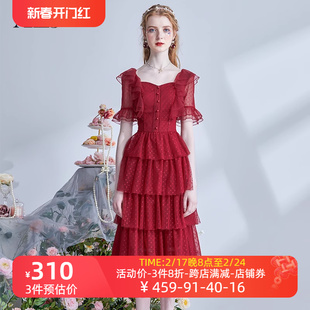 艾丽丝2024夏季网纱波点新年红色修身显瘦中长款连衣裙蛋糕裙