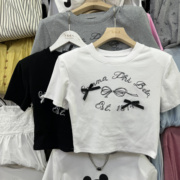 2024夏季短款韩版修身立体蝴蝶结字母印花露脐设计感短袖t恤上衣