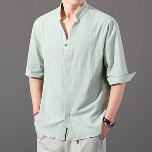 男士棉麻衬衫短袖2023年薄款七分袖衬衣夏季亚麻休闲青年男装