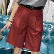 砖红色复古五分裤女2024夏季韩版时尚，高腰显瘦休闲直筒中裤子