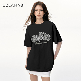 ozlana短袖女夏2024小众，设计款可拆卸网纱袖，蕾丝刺绣雏菊t恤