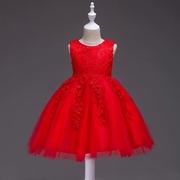 女小童红色晚礼服，公主裙中小童蕾丝花童连衣裙，蓬蓬裙幼儿园演出服