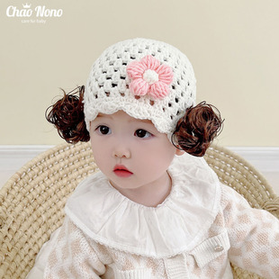 婴儿假发帽子女宝宝护囟门帽春夏韩版洋气公主，手工儿童编织毛线帽