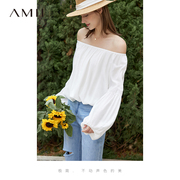 Amii法式一字肩上衣女甜美夏天宽松显瘦莫代尔灯笼袖露肩长袖衬衫