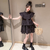 法式赫本风黑色小飞袖连衣裙女童夏装时髦潮范小众设计气质小黑裙