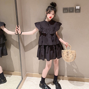法式赫本风黑色小飞袖连衣裙，女童夏装时髦潮范小众设计气质小黑裙