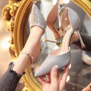 银色高跟鞋设计感小众凉鞋女2023年婚鞋细跟尖头单鞋女鞋子