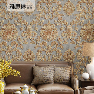 3d立体浮雕欧式花壁纸，奢华无纺布金色，大马士革墙纸卧室客厅背景墙