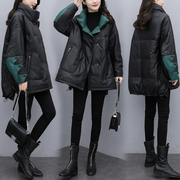 2023冬季中长款韩版时尚洋气，大码宽松黑色，pu皮皮羽绒服外套女