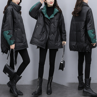 2023冬季中长款韩版时尚洋气大码宽松黑色pu皮皮羽绒服外套女