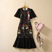 小个黑色礼服裙鱼尾裙，2023秋女装复古蕾丝，镂空绣花亮片短袖连衣裙