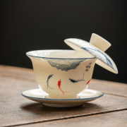 手绘羊脂玉单个悬停盖子碗茶杯陶瓷泡茶碗白瓷悬浮三才敬茶碗茶具