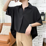 夏季韩版潮流bf风宽松休闲短袖衬衫男士，简约雪纺免烫纯色气质衬衣