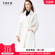 TDEB2024春季女士外套白色简约双排扣中长款时尚系带优雅风衣