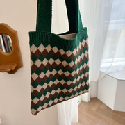 高级感配色墨绿咖啡色菱格针织包双手提包包原创日系手提包手拎袋