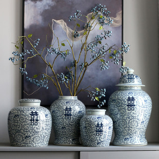 中式摆件装饰品青花瓷将军罐喜字吉祥新中式客厅玄关插花陶瓷花瓶