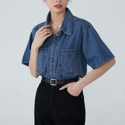 深蓝色牛仔短袖衬衫外套女韩版宽松2023春夏季设计感小众上衣