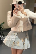 新中式国风套装女春季珍珠盘扣毛呢外套绣花百褶半身裙时尚两件潮