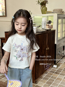 女童T恤24夏季韩系儿童洋气卡通短款上衣女孩甜辣风短袖夏装