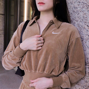 Nike耐克女子灯芯绒翻领短款露脐薄款休闲半拉链套头衫DQ5939-258