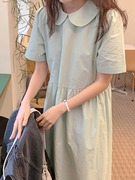 韩国chic夏季甜美清新薄荷色简约纯色宽松中长款娃娃领短袖连衣裙