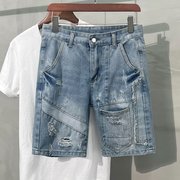 个性时尚牛仔短裤男夏季薄款潮流拼接工装，多口袋修身破洞五分马裤