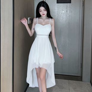 白色连衣裙甜美高级感前短后长小礼服，裙气质宴会小个子生日伴娘裙