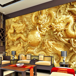 酒店客厅电视背景墙壁纸大型壁画，3d立体无缝金色，龙木雕(龙木雕)无纺布墙布