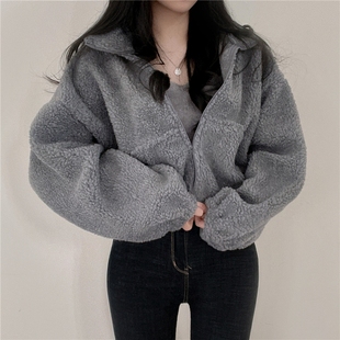 高级感羊羔绒开衫立领外套，女冬季慵懒风基础，款毛毛绒加厚短款卫衣